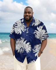 Men's Plus Size Hawaiian Blue Abstract Leaf Print Short Sleeve Slub Shirt