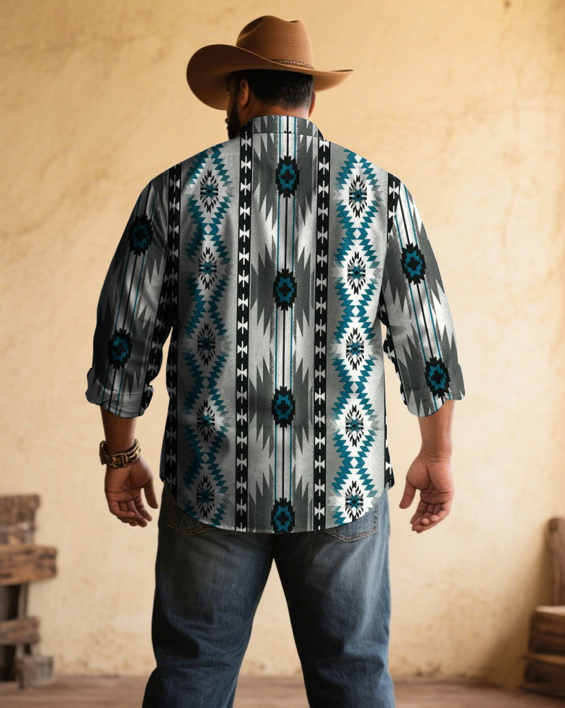 Men's Plus Size Retro Western Cow Gray Blue Pattern Print Long Sleeve Shirt