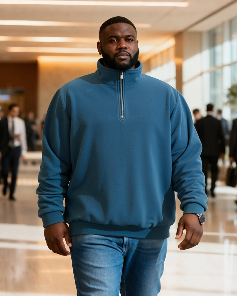 Big & Tall Men's Blue-Fall/Winter Solid Color Polar Fleece Fabric Metal Zipper Collar POLO Long Sleeve