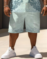 Men's Plus Size Daily Casual Pale Blue Simple Retro Geometric Print Shirt Shorts Suit