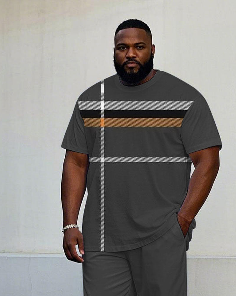 Men's Plus Size Black Gray Striped Stitching Printed Short Sleeve T-shirt Trousers Suit