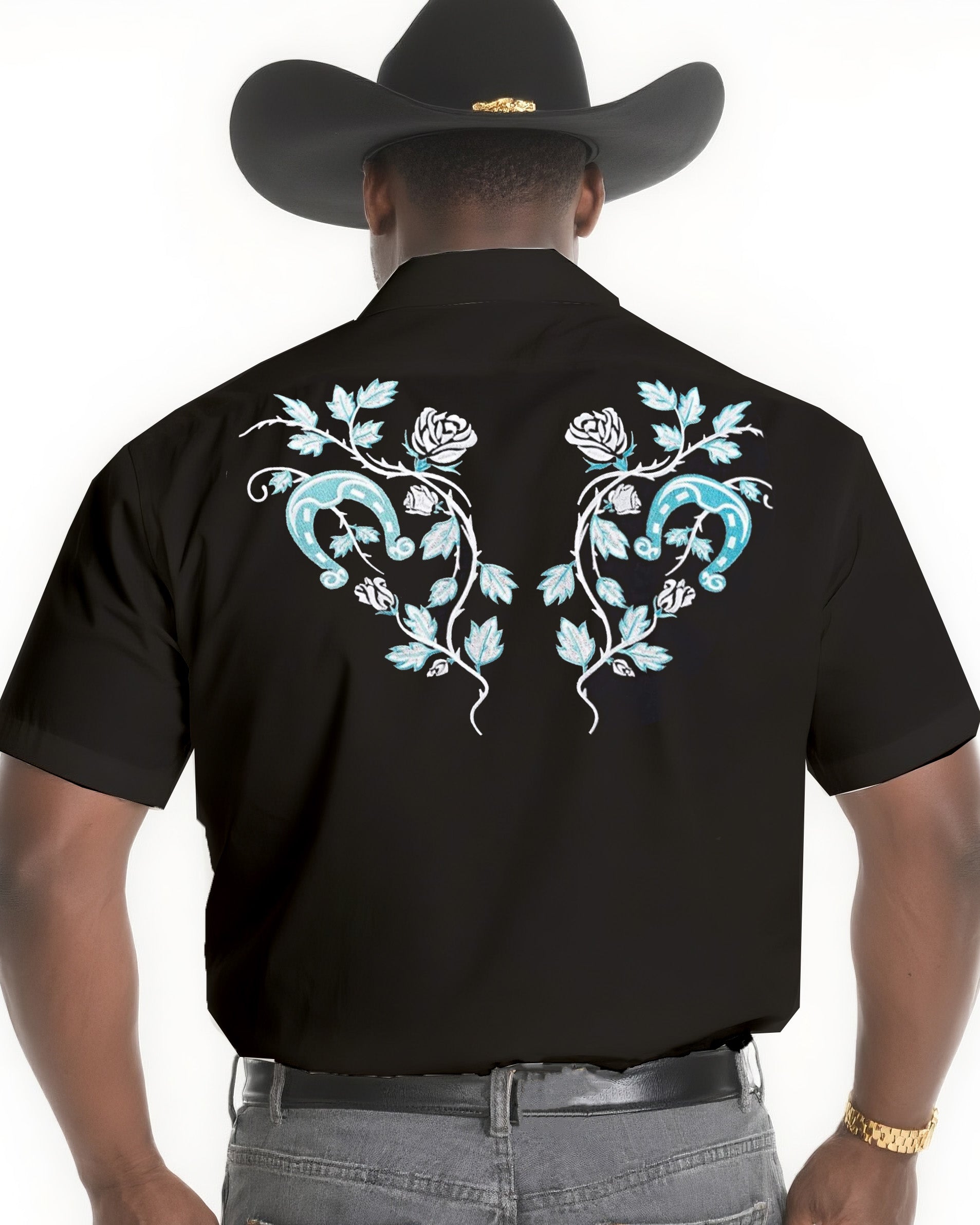 Big & Tall Men's Western Style Daily Casual Back Floral Textured Black Short Sleeve Shirt