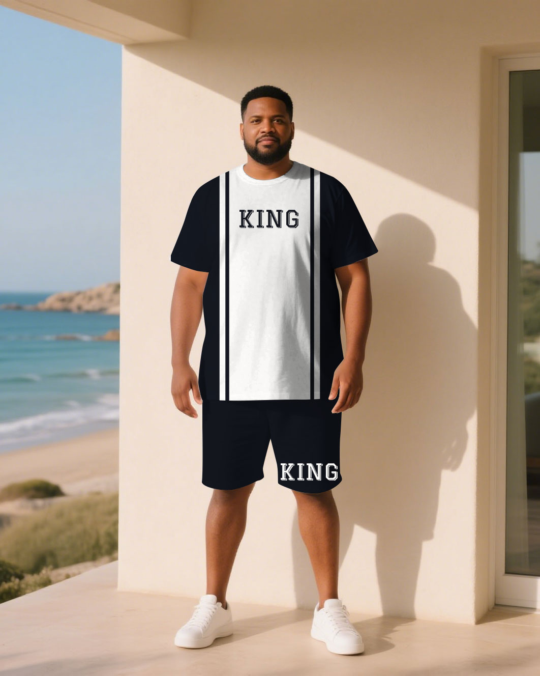 Big & Tall Men Dark Blue & White Chest King Slogan Print Round Neck Short Sleeve T-Shirt Shorts Suit