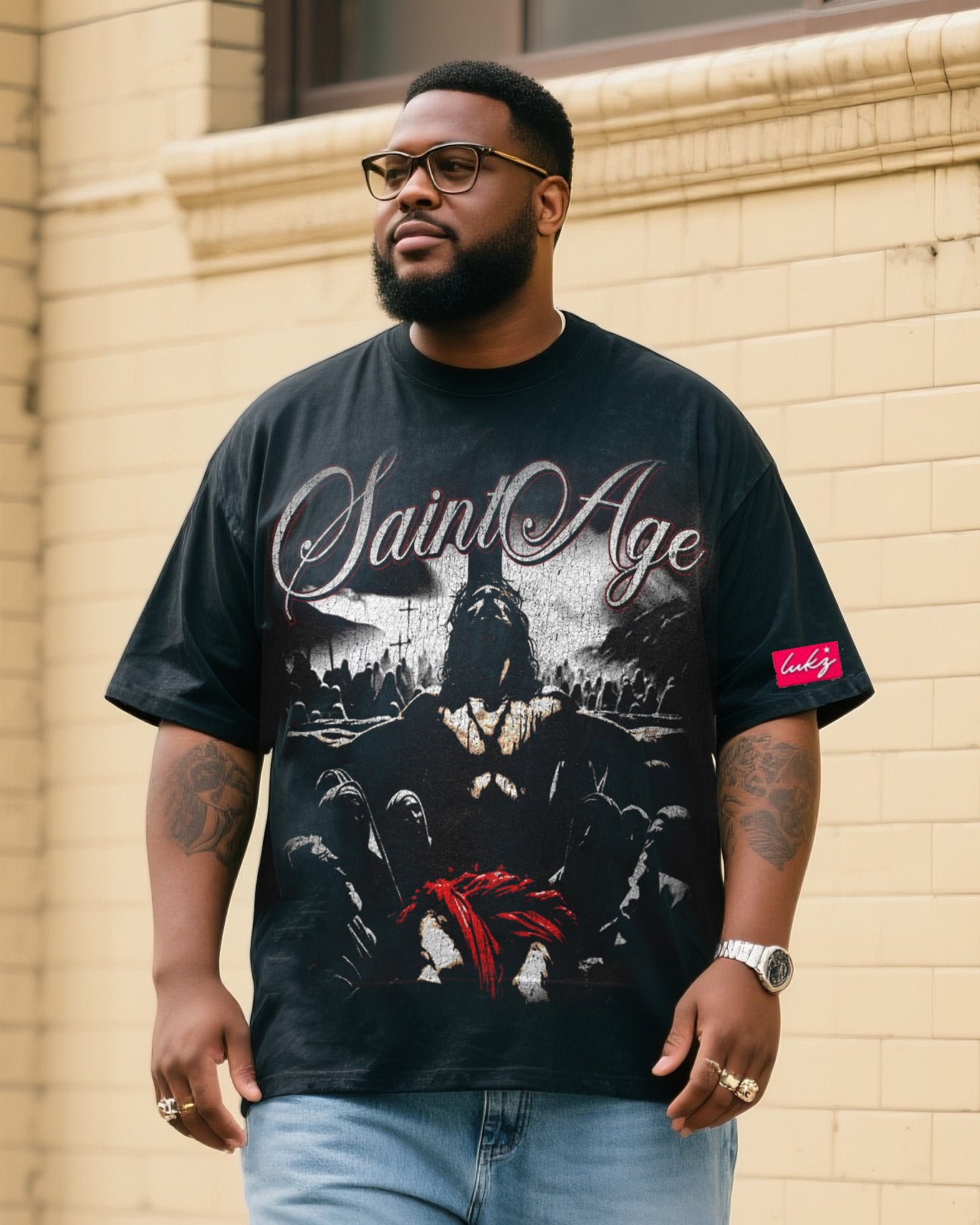 Big & Tall Men's Fashion Street Personality Faith Jesus T-shirt Small Label Shorts Denim Suit