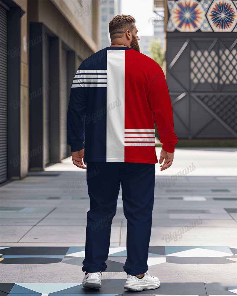 Men's Plus Size Blue And Red Color Block Striped K Letter Printed Long Sleeve T-shirt Trousers Suit