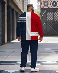 Men's Plus Size Blue And Red Color Block Striped K Letter Printed Long Sleeve T-shirt Trousers Suit