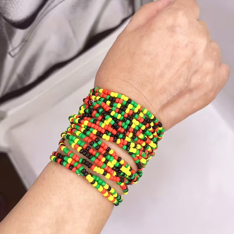 Black History Month Bohemian Black Red Yellow Green Bead Mixed Color Collocation Bracelet Elastic Bracelet