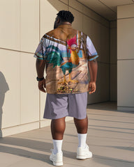Men's Plus Size Street Fashion Purple Cartoon Fun Chick Print Shirt Shorts Suit