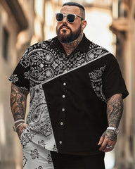 Men's Plus Size Street Fashion Paisley Colorblock Black And White Print Shirt Shorts Suit