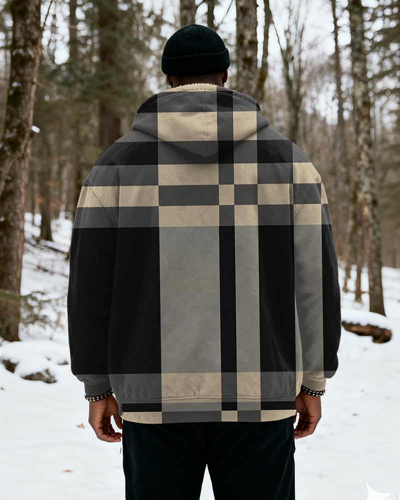 Big & Tall Men's Black And Brown Plaid Printed Velvet Thickened Zipper Hoodie