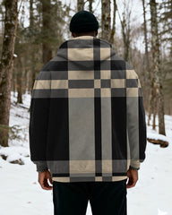 Big & Tall Men's Black And Brown Plaid Printed Velvet Thickened Zipper Hoodie