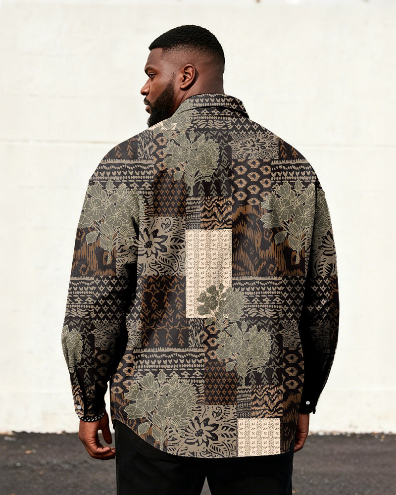 Big & Tall Men's Vintage Brown Geometric Floral Print Long Sleeve Shirt