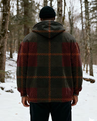 Big & Tall Men's Vintage Red And Green Check Print Velvet Thickened Zipper Cardigan Hoodie