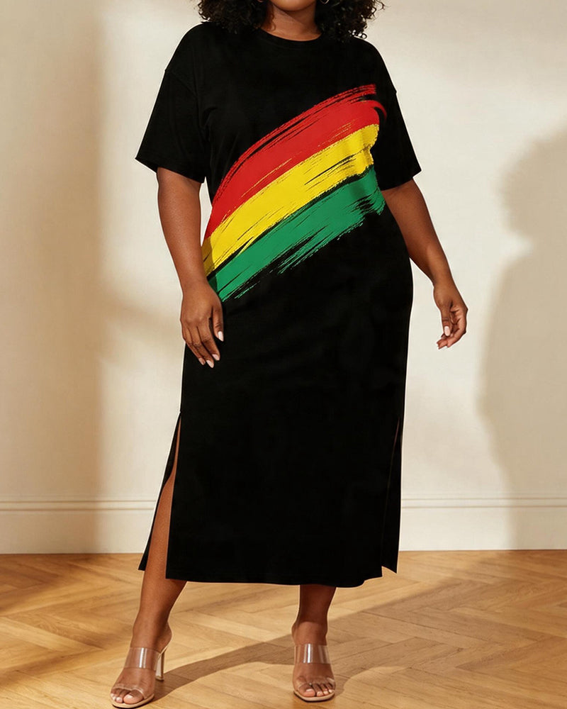 Women's Large Size Red Yellow Green Oblique Stroke Print Side Split Short Sleeve Dress