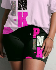 Women's Plus Size Daily Casual PINK Letter Print Short Sleeve Shorts Suit