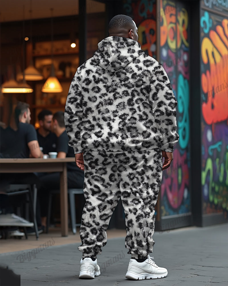 Men's White Leopard Print Plus Size Hoodie Suit