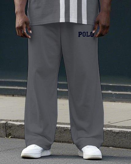 Men's Big Size Simple Fashion Stripe POLO Letter Printed Casual Short Sleeve T-shirt Pants Set