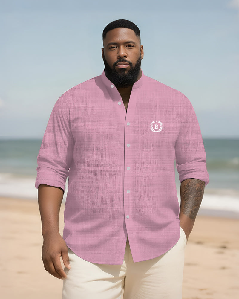 Big & Tall Men's Everyday College Style B Letter Icon Bamboo Hemp Texture Stand-up Collar Long Sleeve Shirt