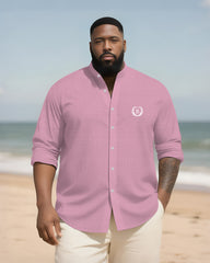 Big & Tall Men's Everyday College Style B Letter Icon Bamboo Hemp Texture Stand-up Collar Long Sleeve Shirt