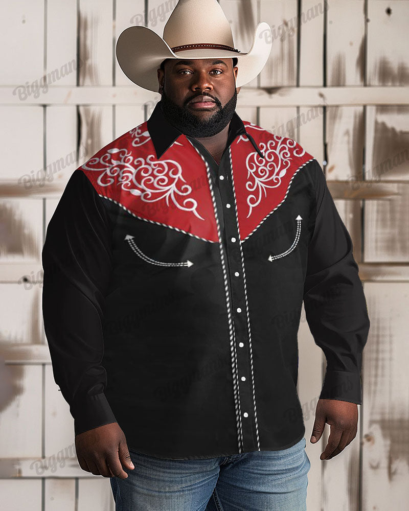 Men's Big & Tall Western Denim Red Yoke Retro Long Sleeve Shirt