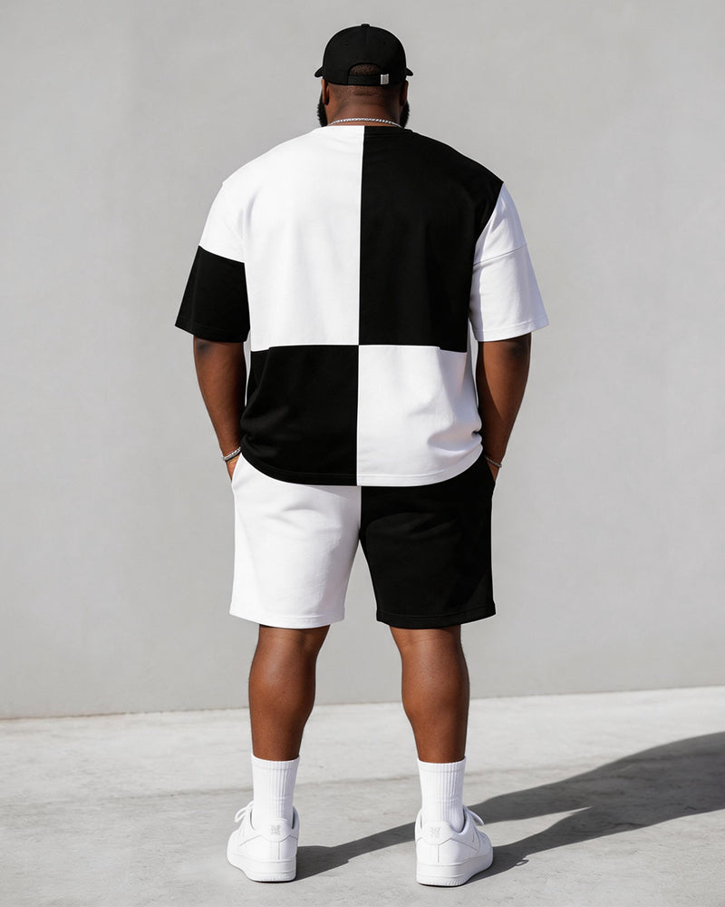 Big & Tall Men's Black And White Checkerboard Stitching Crown Printed Round Neck Short Sleeve T-shirt Shorts Set