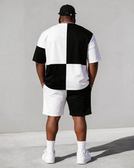 Big & Tall Men's Black And White Checkerboard Stitching Crown Printed Round Neck Short Sleeve T-shirt Shorts Set