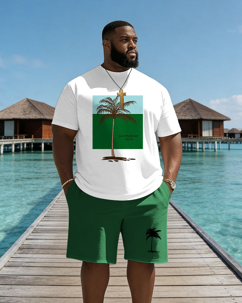 Big & Tall Men's Color-blocked Coconut Trees Print Crewneck Short Sleeve T-Shirt Shorts Set
