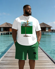 Big & Tall Men's Color-blocked Coconut Trees Print Crewneck Short Sleeve T-Shirt Shorts Set
