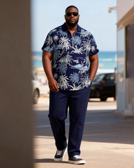 Big & Tall Men's Navy Blue Full Print Coconut Tree Print Zipper Polo Short Sleeve Trousers Set