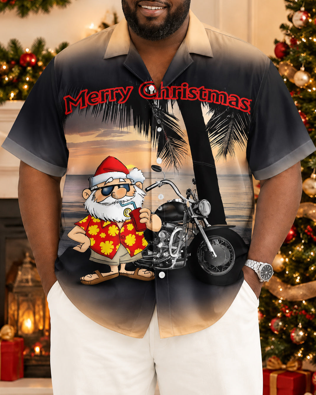 Big & Tall Men's Christmas Holiday Santa Claus Motorcycle Printed Short Sleeve Shirt