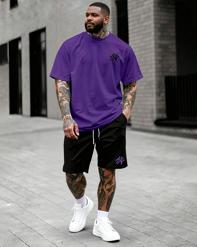 Big & Tall Men's Dark Brown Letter Print Round Neck Short Sleeve T-Shirt and Shorts Set