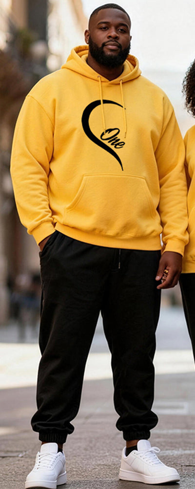 Big & Tall Couples "One & Love" Love Letter Yellow And Black Collision Printed Hoodie Set