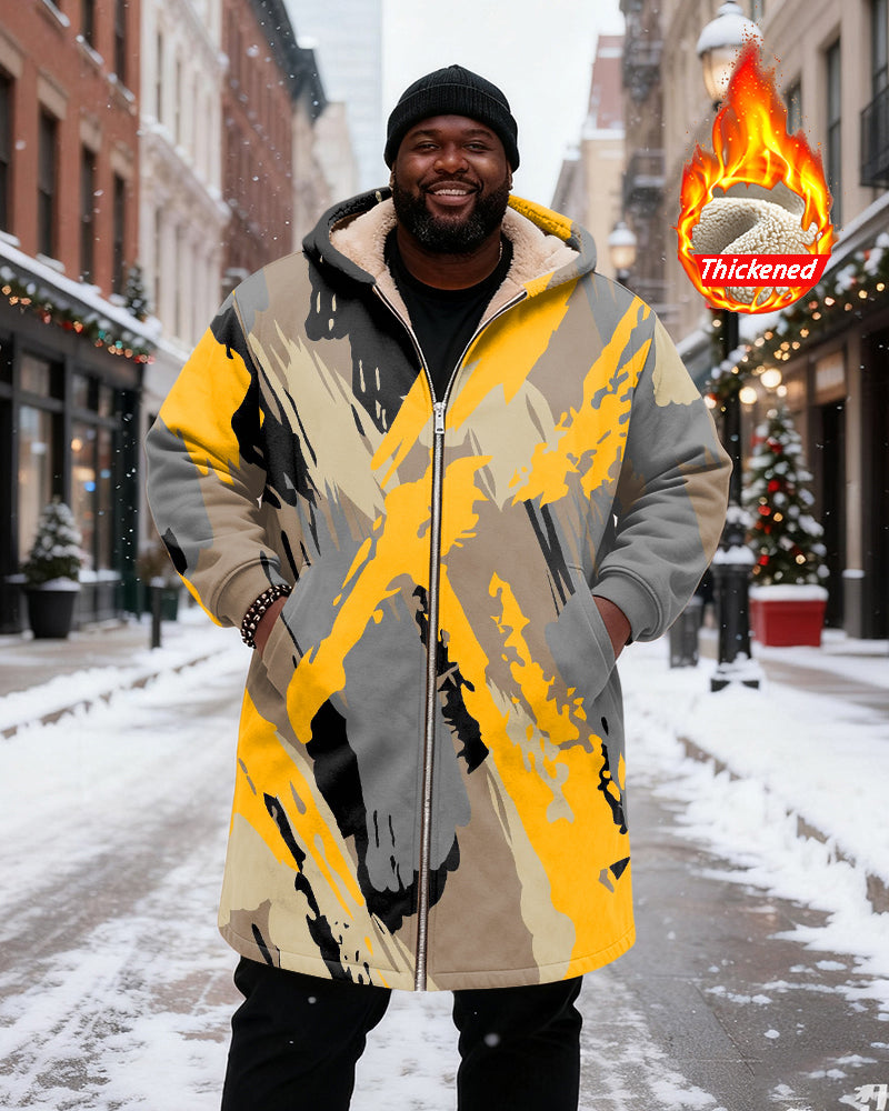 Big & Tall Men's Yellow Gray And Black Graffiti Printed Velvet Padded Long Hooded Coat