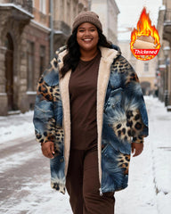 Women's Leopard-Print Feather-Print Velvet Thickened Long Hooded Coat
