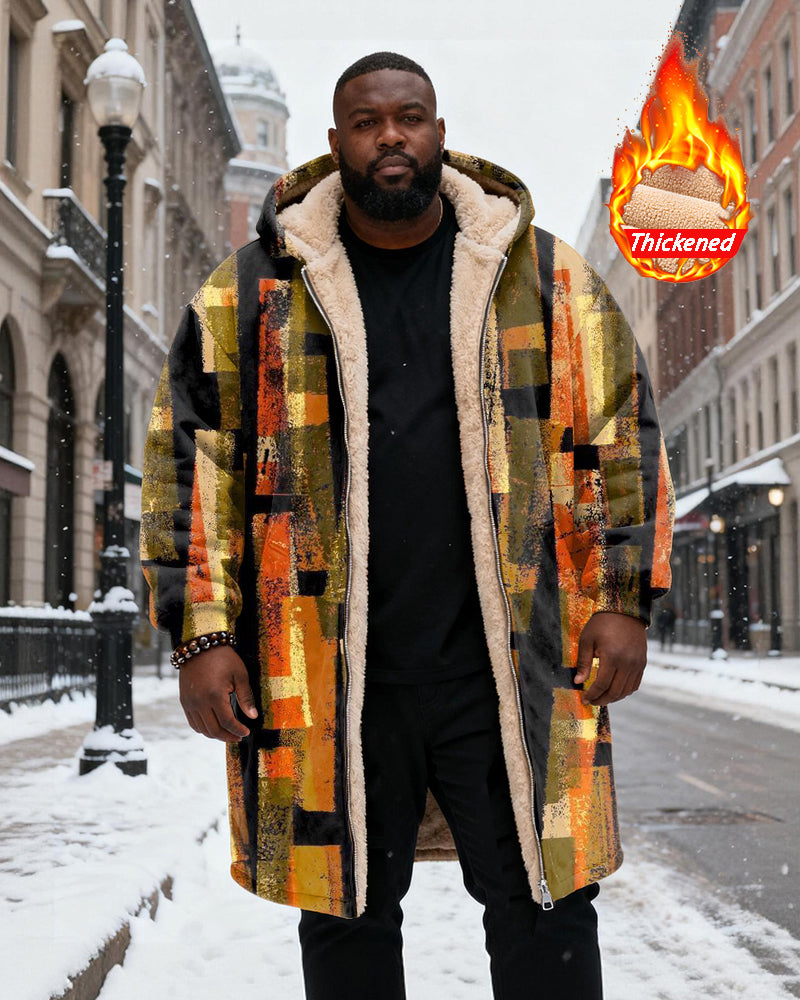 Big & Tall Men's Golden Brown Black Geometric Abstract Texture Printed Velvet Padded Long Hooded Coat