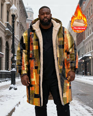 Big & Tall Men's Golden Brown Black Geometric Abstract Texture Printed Velvet Padded Long Hooded Coat