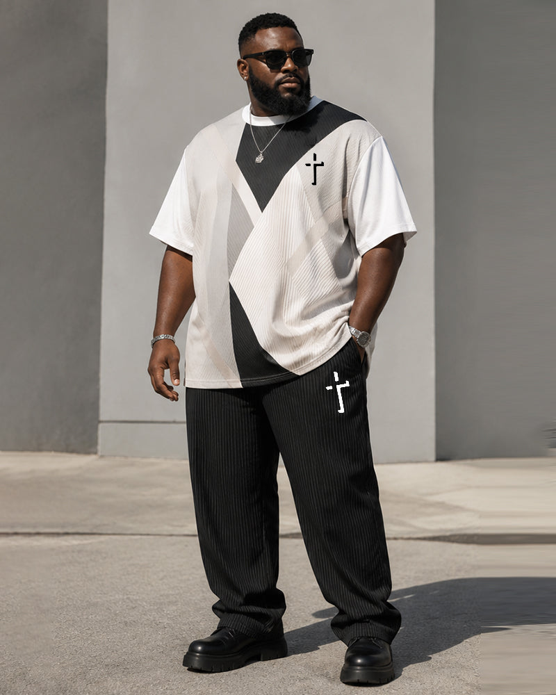 Big & Tall Men's Geometric Color Matching Simple Cross Printed T-shirt Trousers Set