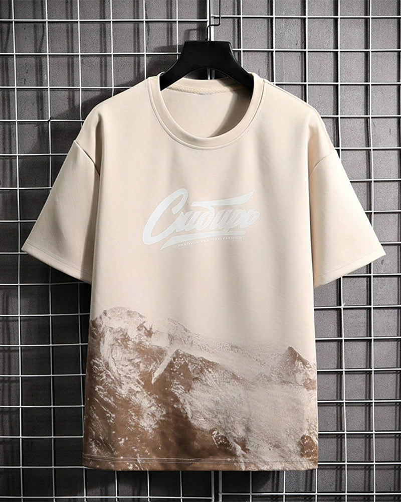 M-8XL Mountains Letter-Print Short-Sleeve Tee