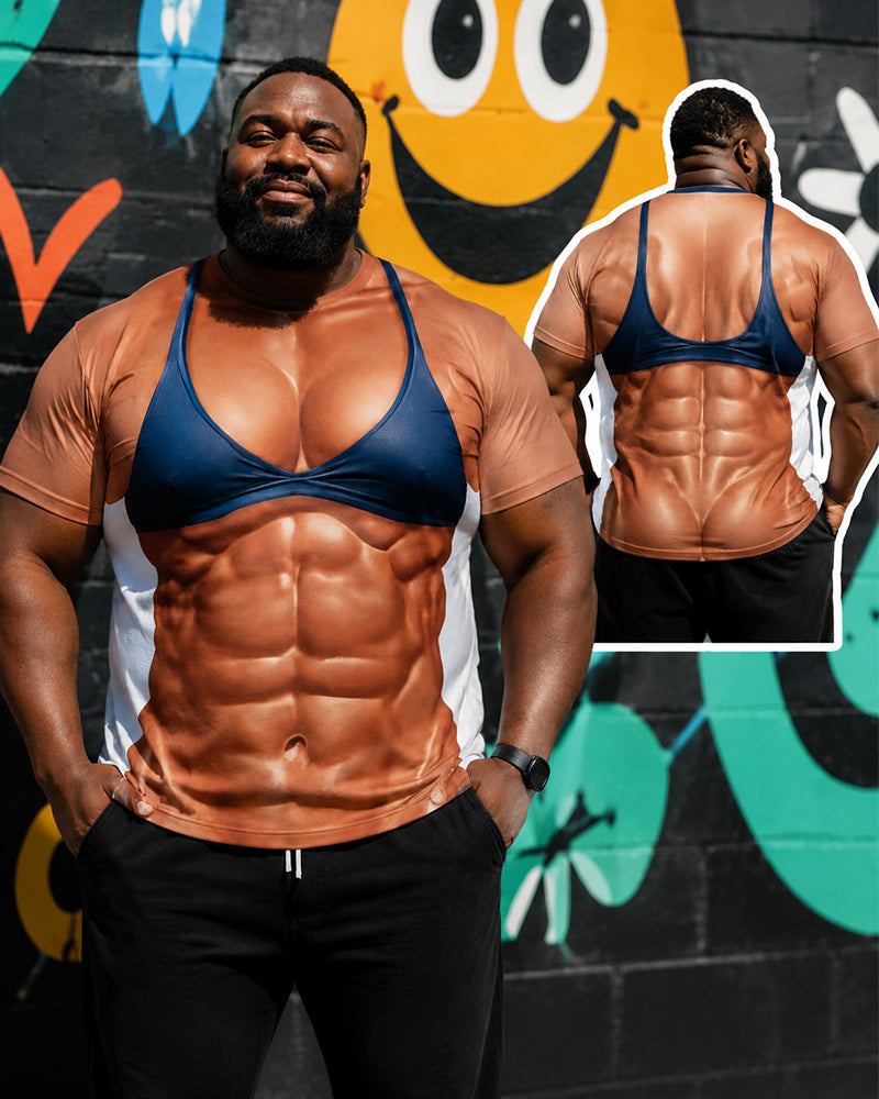 Big & Tall Men's Navy Bikini Back Eight Pack Abs Funny Print Round Neck Short Sleeve T-shirt
