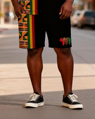 Big & Tall Men's African Kent Pattern Patchwork Printed Crewneck Short Sleeve T-Shirt Shorts Set