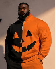 Big & Tall Men's Colored Pumpkin Smiley Print Half-Zip Sweat Set