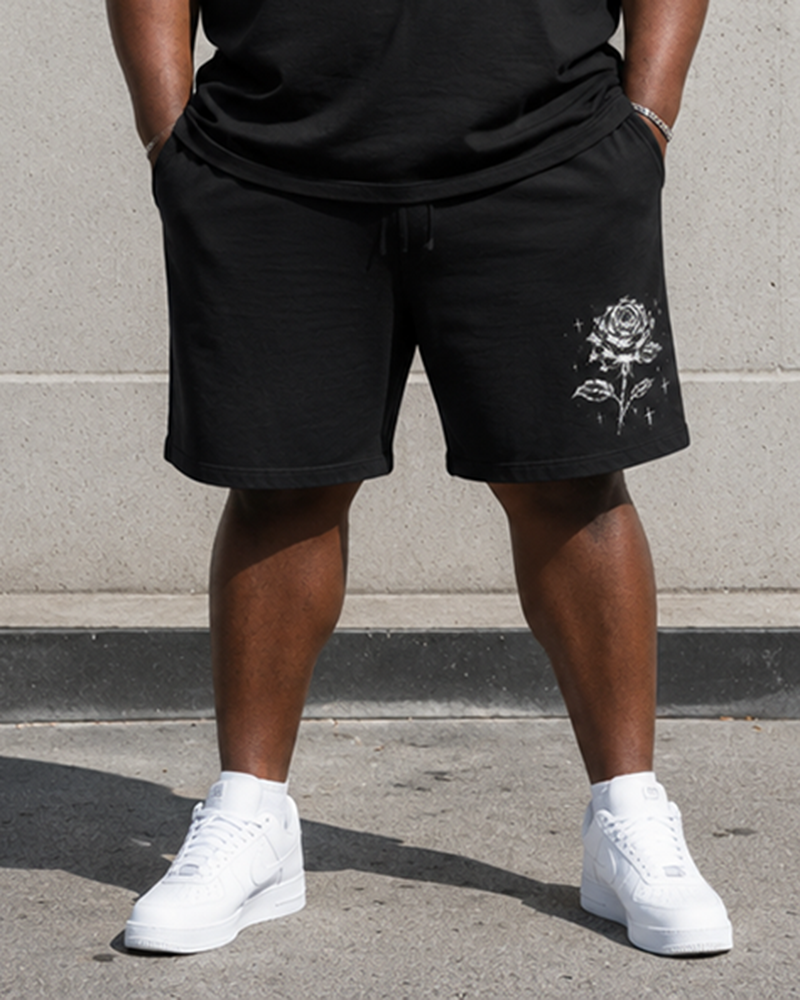 Big & Tall Men's Black And White Sketch Rose Cross Front And Back Printed Round Neck Short Sleeve T-Shirt Shorts Set