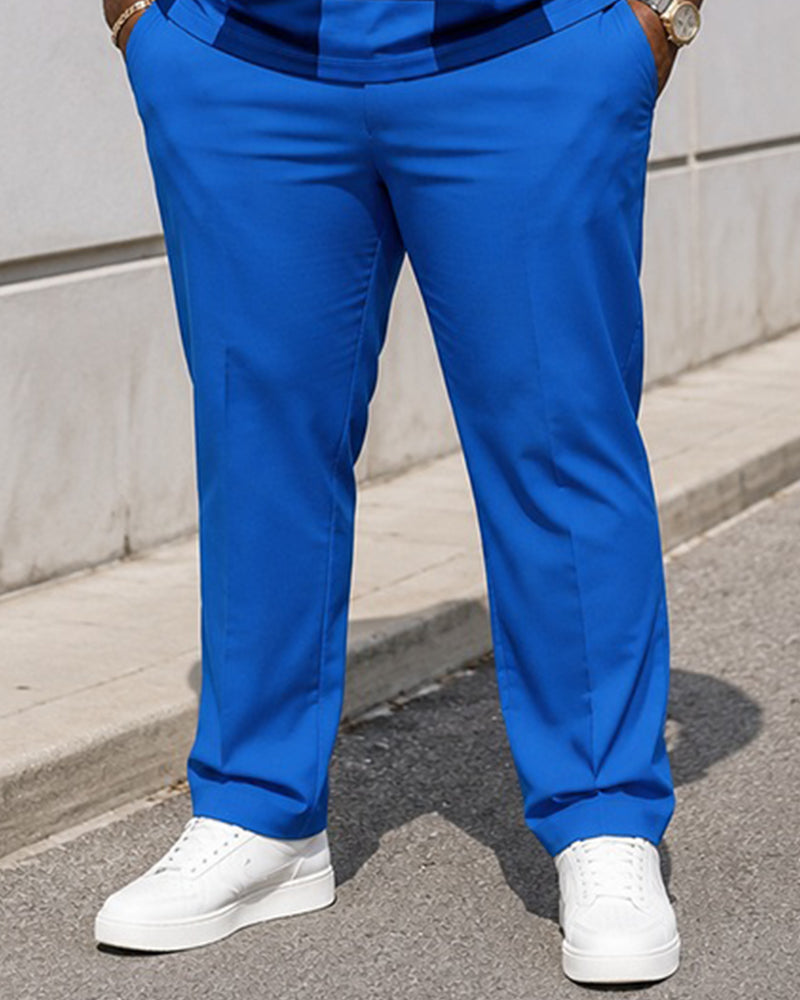 Big & Tall Men's Sapphire Blue Checkerboard Printed Polo Short Sleeve Trousers Set