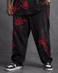 Big & Tall Men's Retro Distressed Blood Handprint Letter Printed T-shirt Trousers Set