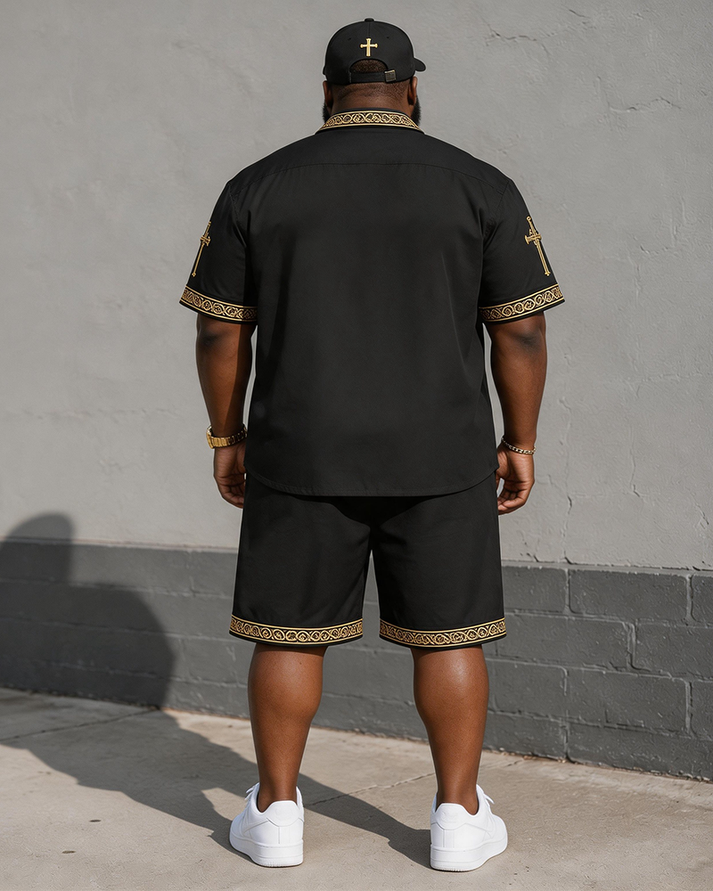 Big & Tall Men's JESUS IS KING Letter And Cross Print Short-Sleeve Shirt And Shorts Set