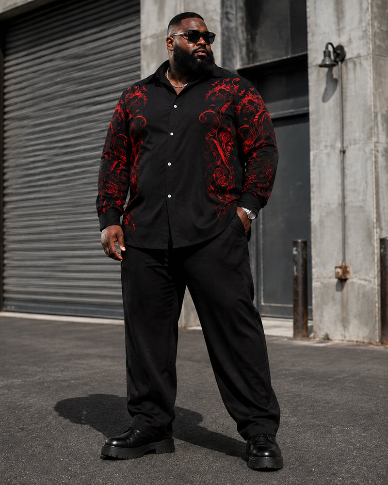 Big & Tall Men's Black And Red Print Long Sleeve Shirt Pants Set