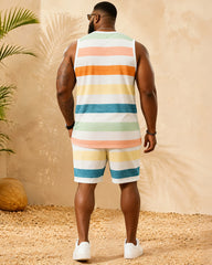 Big & Tall Men's Macaron Colorful Horizontal Stripe Printed Vest Shorts Set