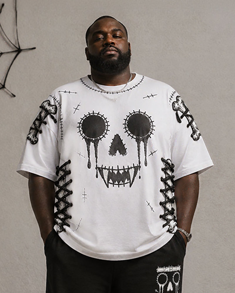 Big & Tall Men's Halloween Stitch Skull Bone Print T-Shirt Pants Set