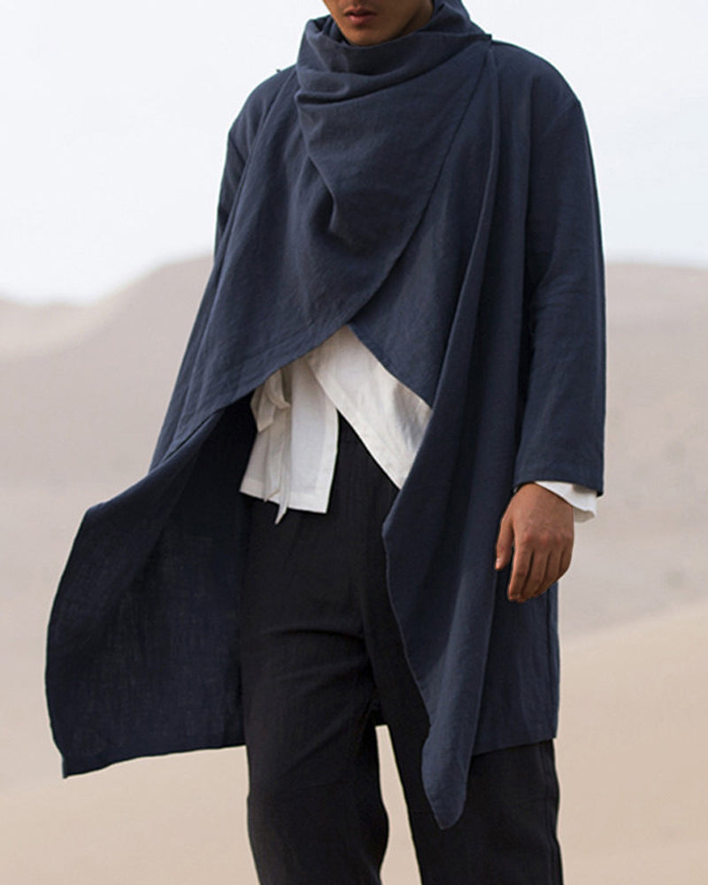 S-4XL Men's Cotton Linen Long Irregular Cape Long Sleeve Jacket