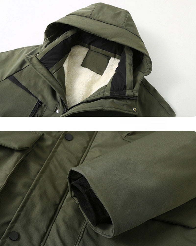 6XL-13XL Fleece-lined Three-proof Men's Mid-length Hooded Jacket